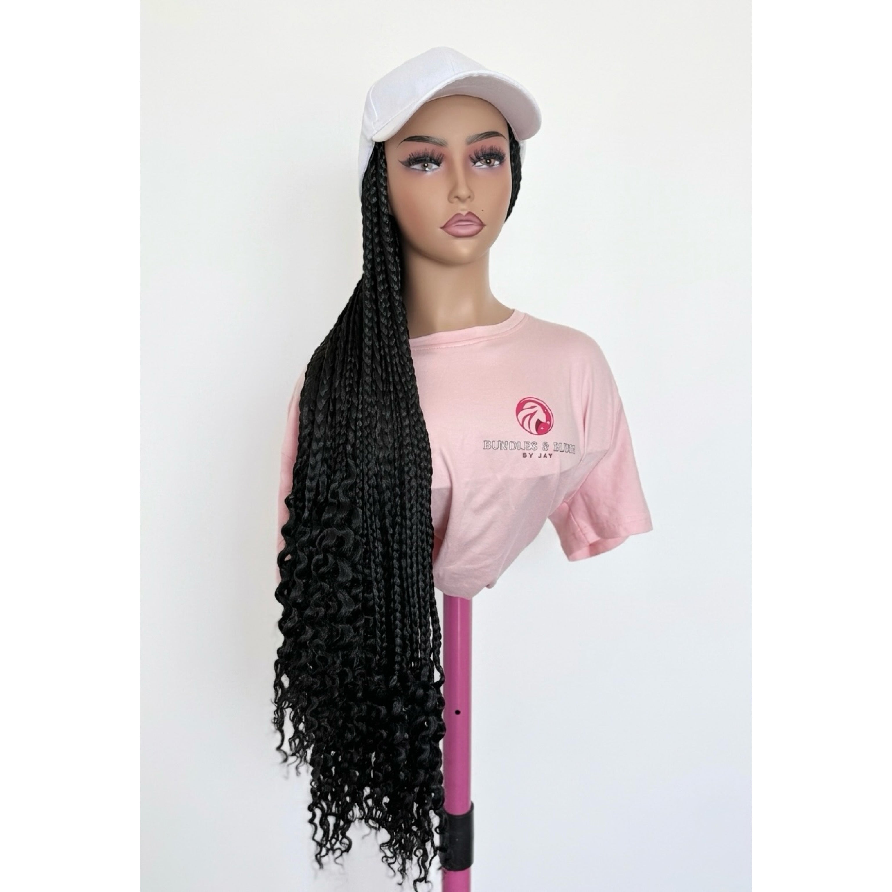 RTW Wig: Black Braids With Curly Tips In White Face Cap