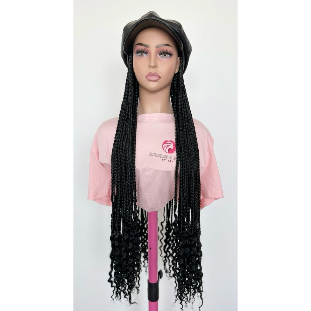 RTW Wig: Long Black Braids With Wavy Tips In Black Premium Face Cap