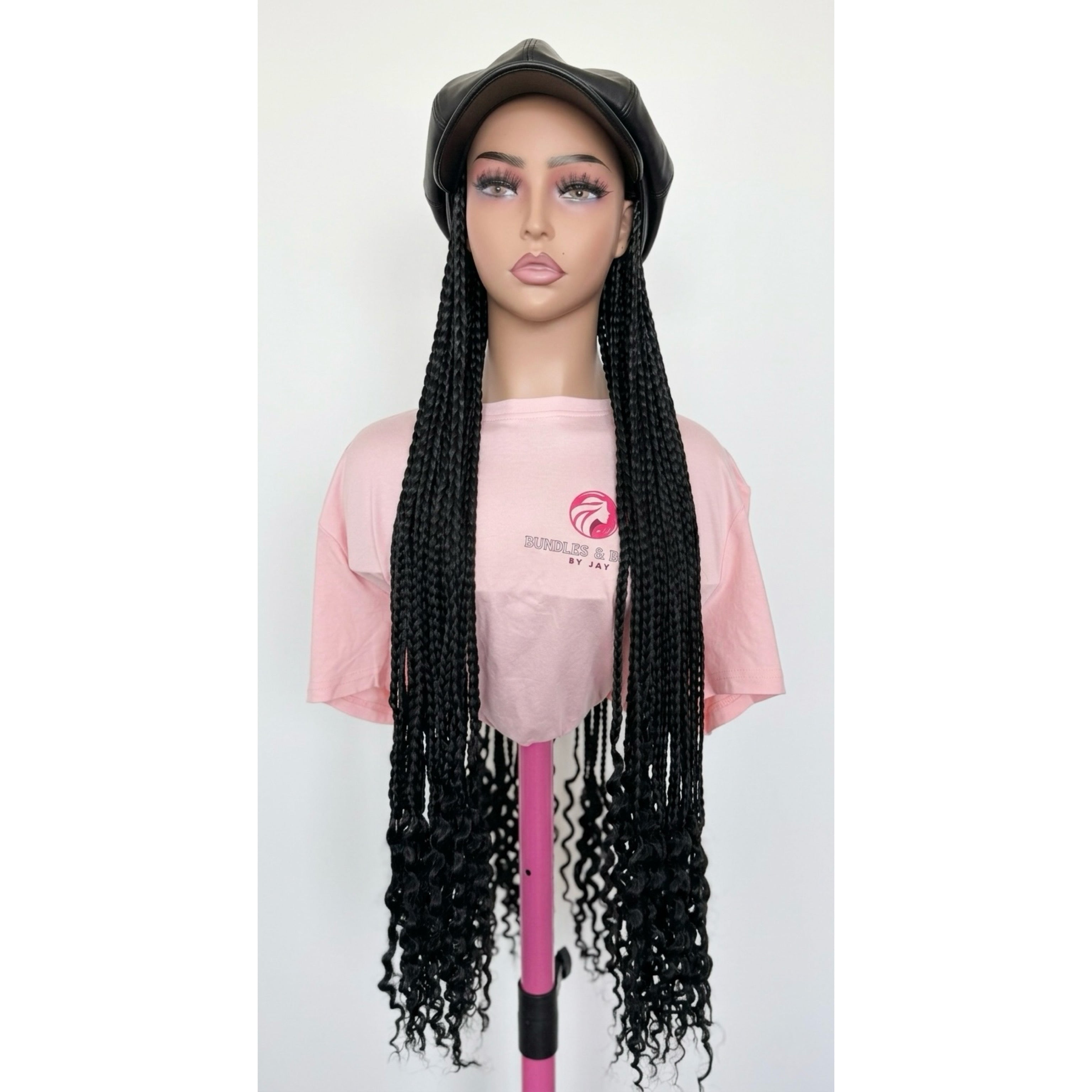 RTW Wig: Long Black Braids With Wavy Tips In Black Premium Face Cap