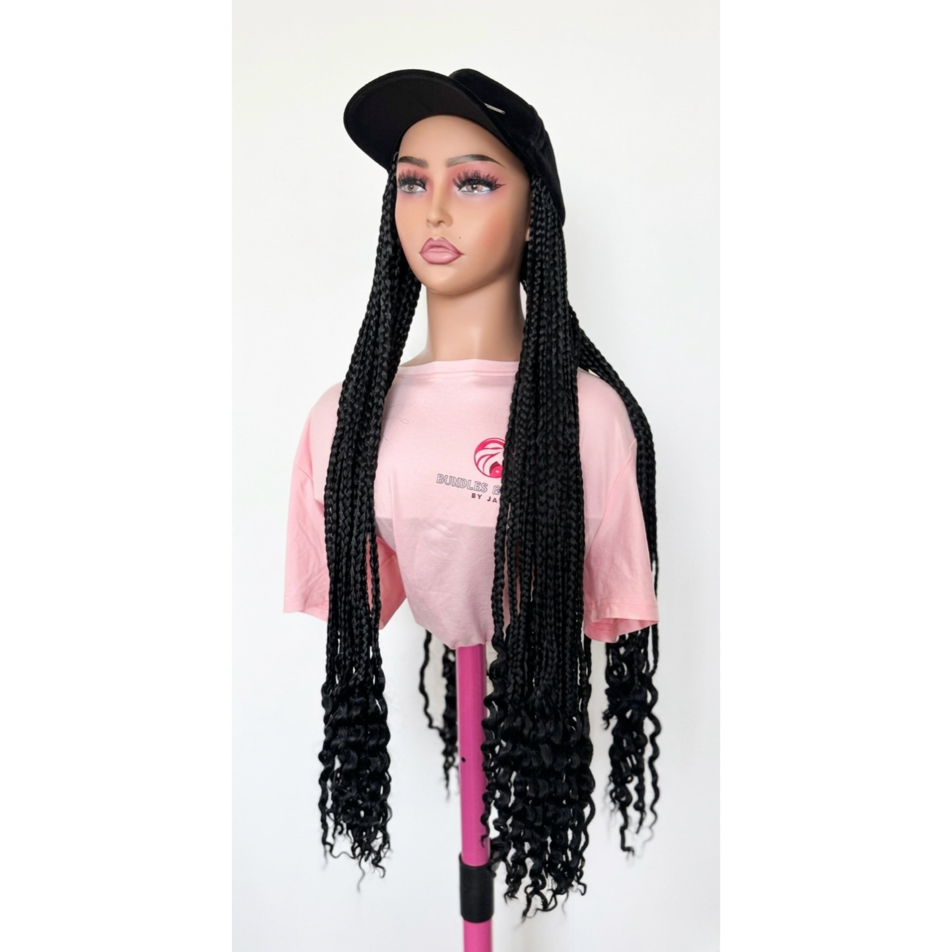 RTW Wig: Black Braids With Wavy Tips In Black Face Cap