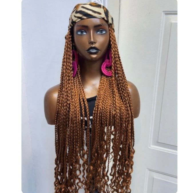RTW Wig: Golden Brown Braids With Wavy Tips In Leopard Skin Scarf
