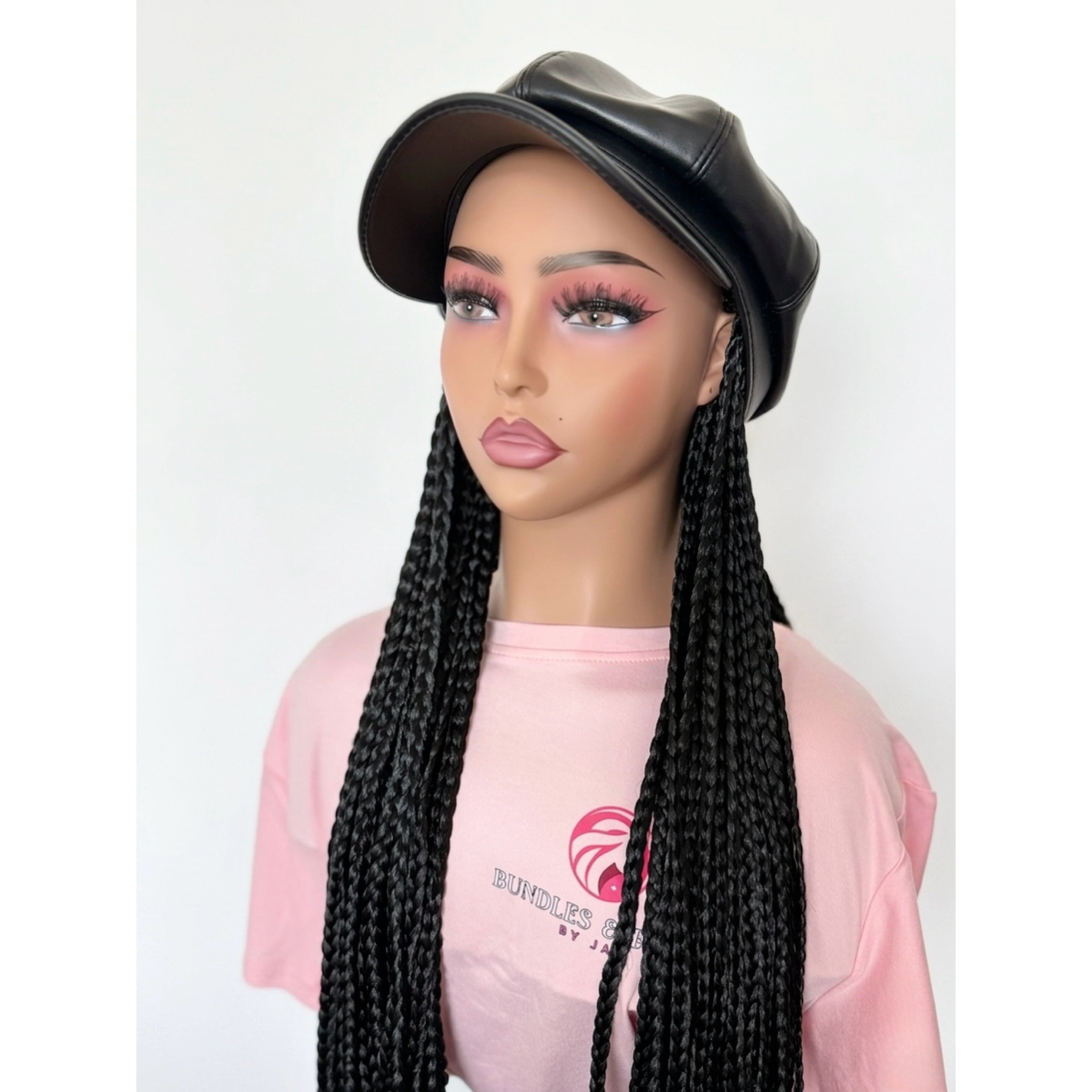 RTW Wig: Long Black Braids With Wavy Tips In Black Premium Face Cap
