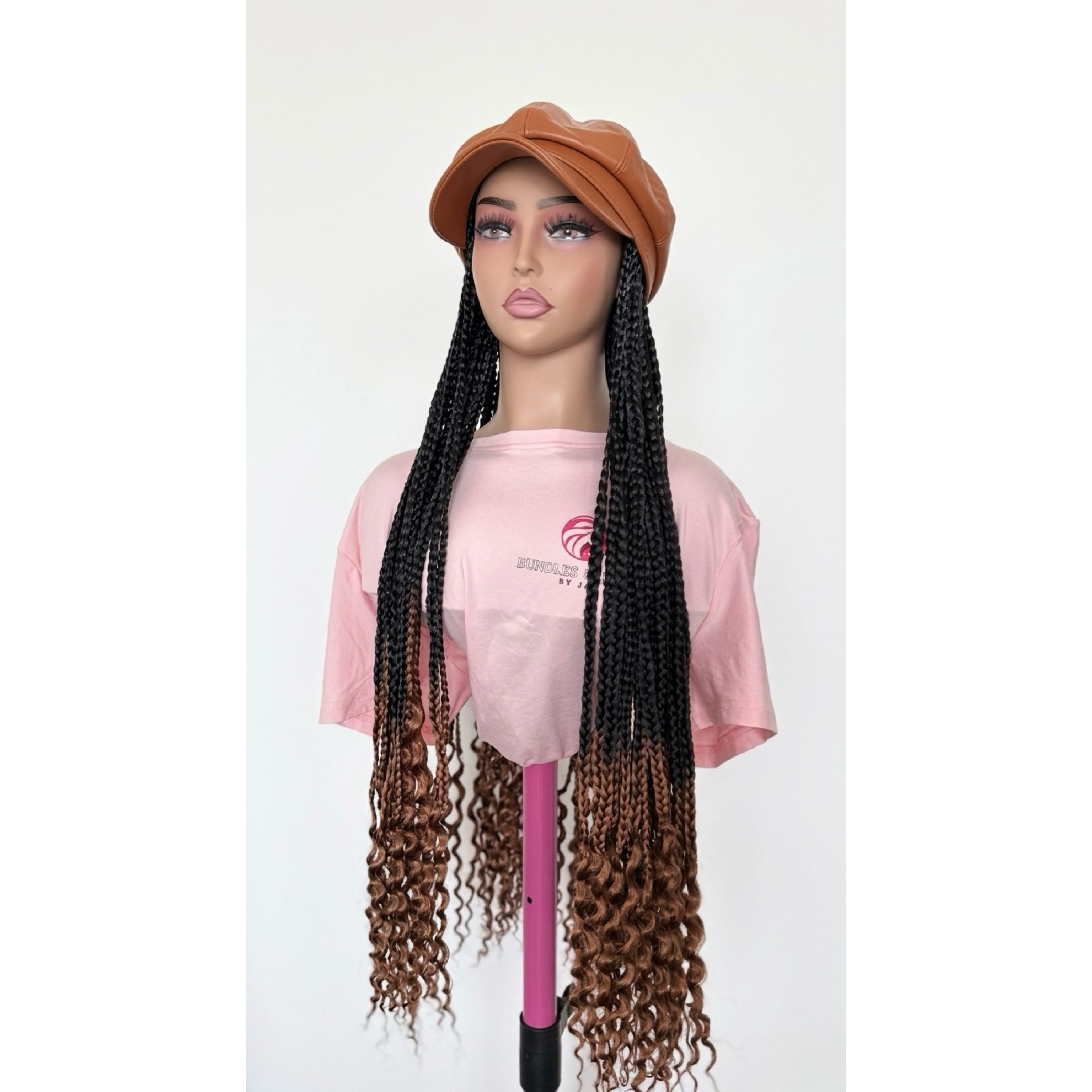 RTW Wig: Black & Brown Ombre Braids With Wavy Tips In Burnt Orange Premium Face Cap