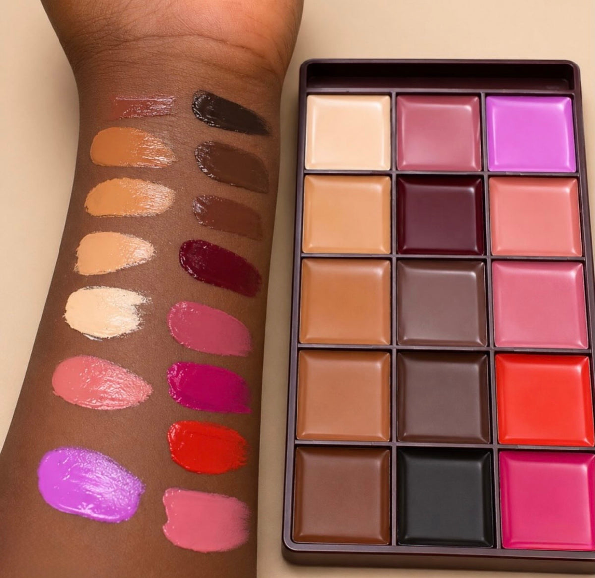 Vee Beauty Creamy 15-Color Multi-Use Palette (Foundation, Concealer, Cream Blush, Contour & Lipstick)