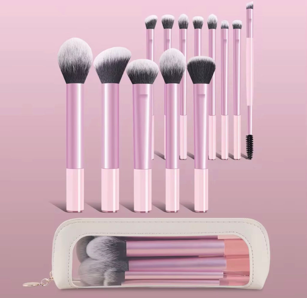 13-Piece Light Pink Travel Makeup Brush Set with Clear Pouch | Soft Synthetic Face & Eye Brushes