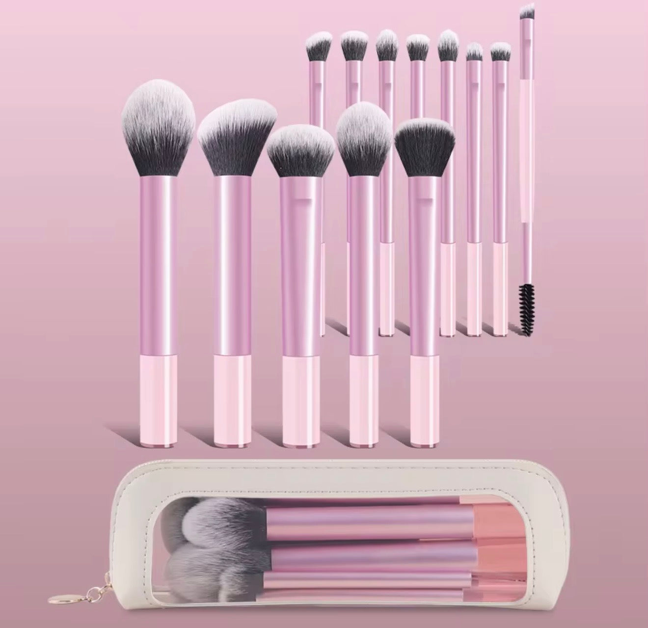 13-Piece Light Pink Travel Makeup Brush Set with Clear Pouch | Soft Synthetic Face & Eye Brushes