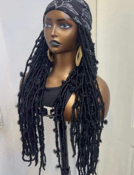 RTW Wig: Black Butterfly Locs In Black & White Scarf