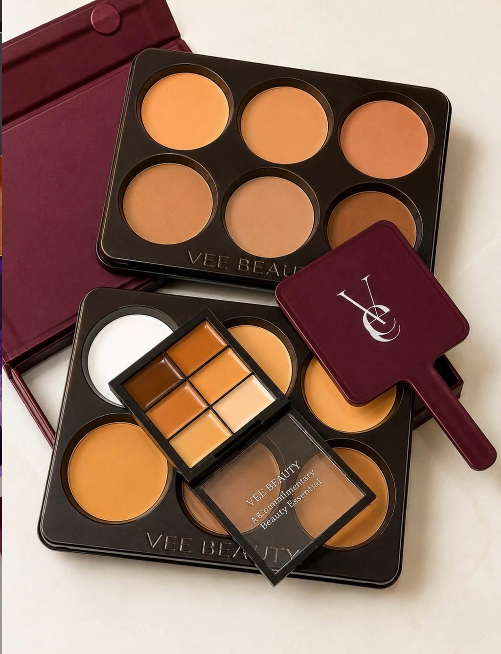 Vee Beauty Burgundy Luxe Edition 12-in-1 Pressed Powder Palette (2x6 Pan Set + Free Mirror & Mini Concealer Palette)