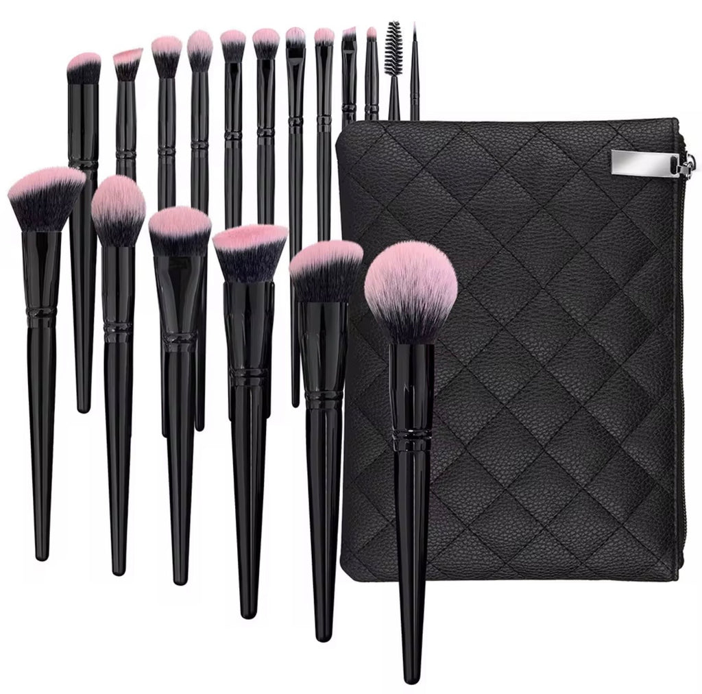 18-Piece Luxury Black & Pink Gradient Makeup Brush Set with Pouch | Professional Soft Synthetic Fiber Face & Eye Brushes