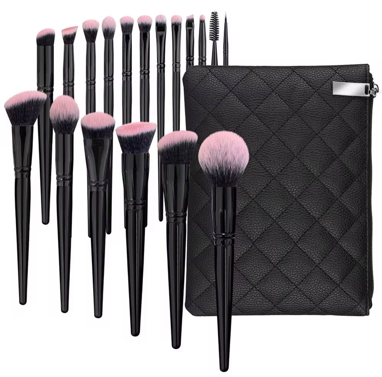 18-Piece Luxury Black & Pink Gradient Makeup Brush Set with Pouch | Professional Soft Synthetic Fiber Face & Eye Brushes