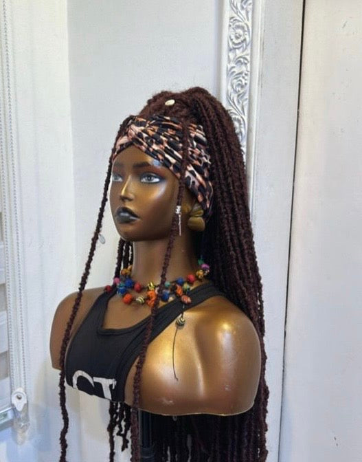 RTW Wig: Long Burgundy Locs In Leopard Skin Band