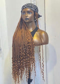 RTW Wig: Golden Brown Braids With Wavy Tips in Black & White Scarf