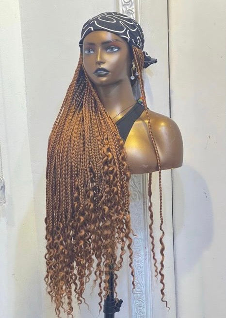 RTW Wig: Golden Brown Braids With Wavy Tips in Black & White Scarf