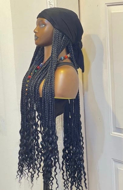 RTW Wig: Black Braids With Wavy Tips in Black Scarf