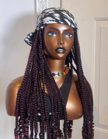 RTW Wig: Wine Jumbo Braids With Curly Tips in Black & White Scarf