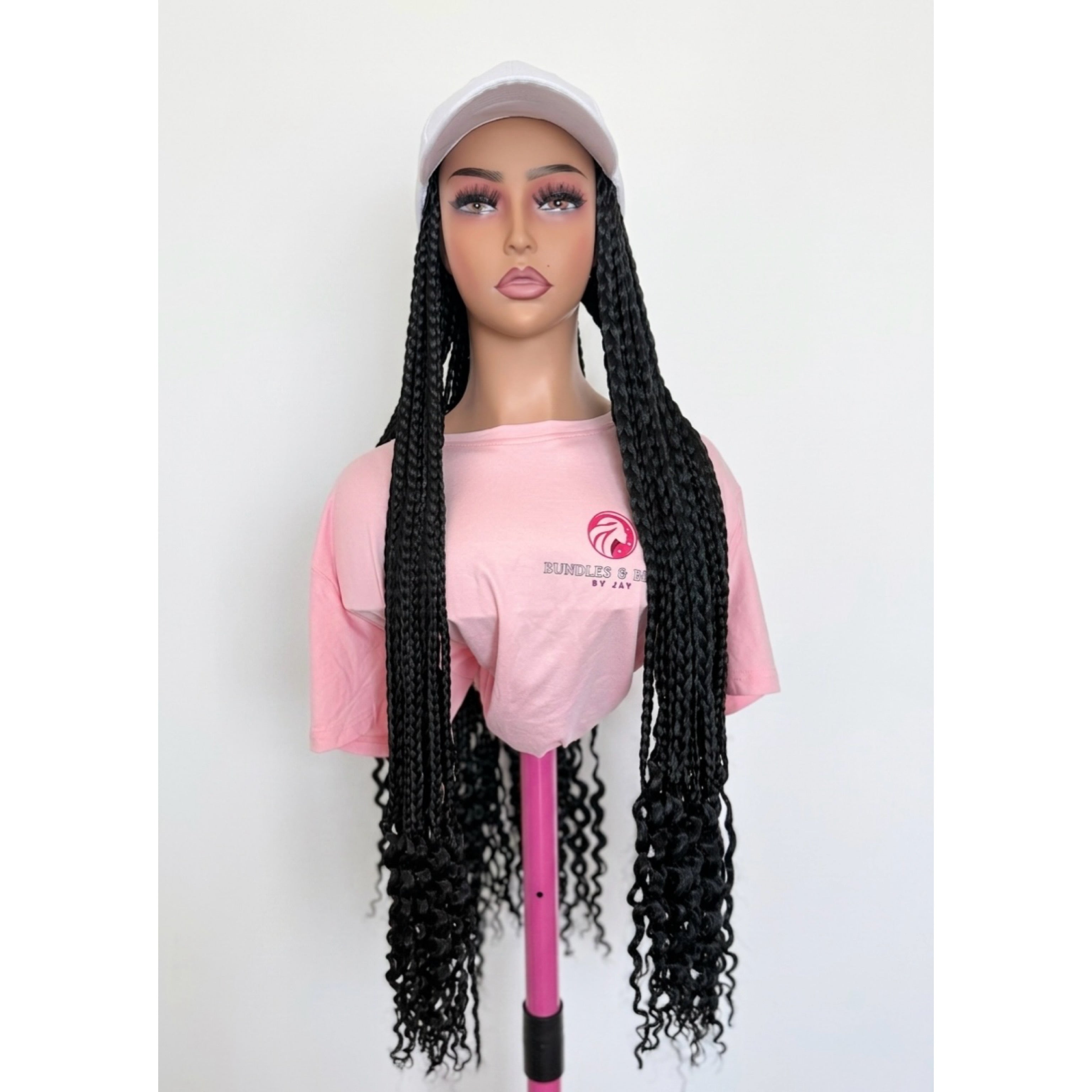 RTW Wig: Black Braids With Curly Tips In White Face Cap