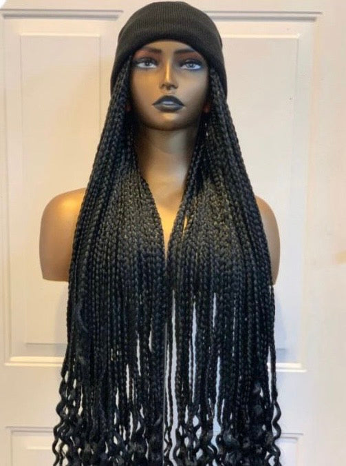 RTW Wig: Black Braids With Wavy Tips in Black Beanie