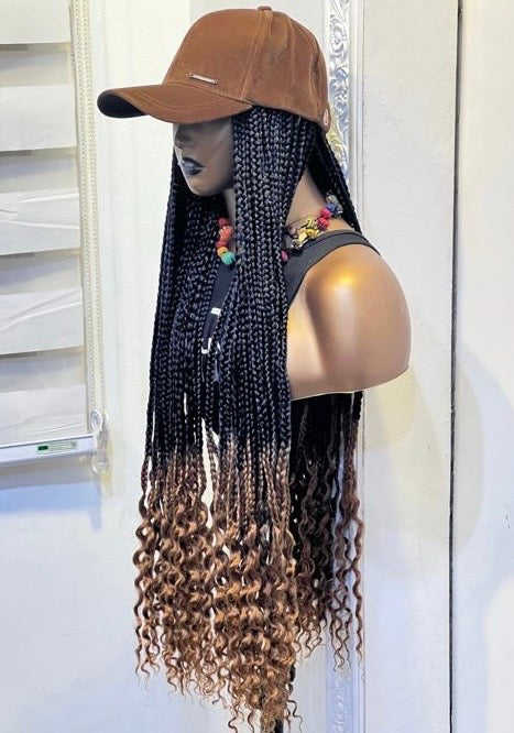 RTW Wig: Black & Brown Ombre Braids With Wavy Tips In Brown Face Cap
