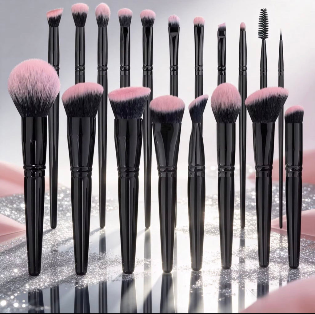 18-Piece Luxury Black & Pink Gradient Makeup Brush Set with Pouch | Professional Soft Synthetic Fiber Face & Eye Brushes