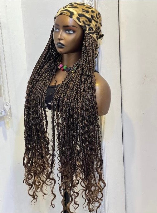RTW Wig: Brown Boho Braids In Leopard Skin Scarf