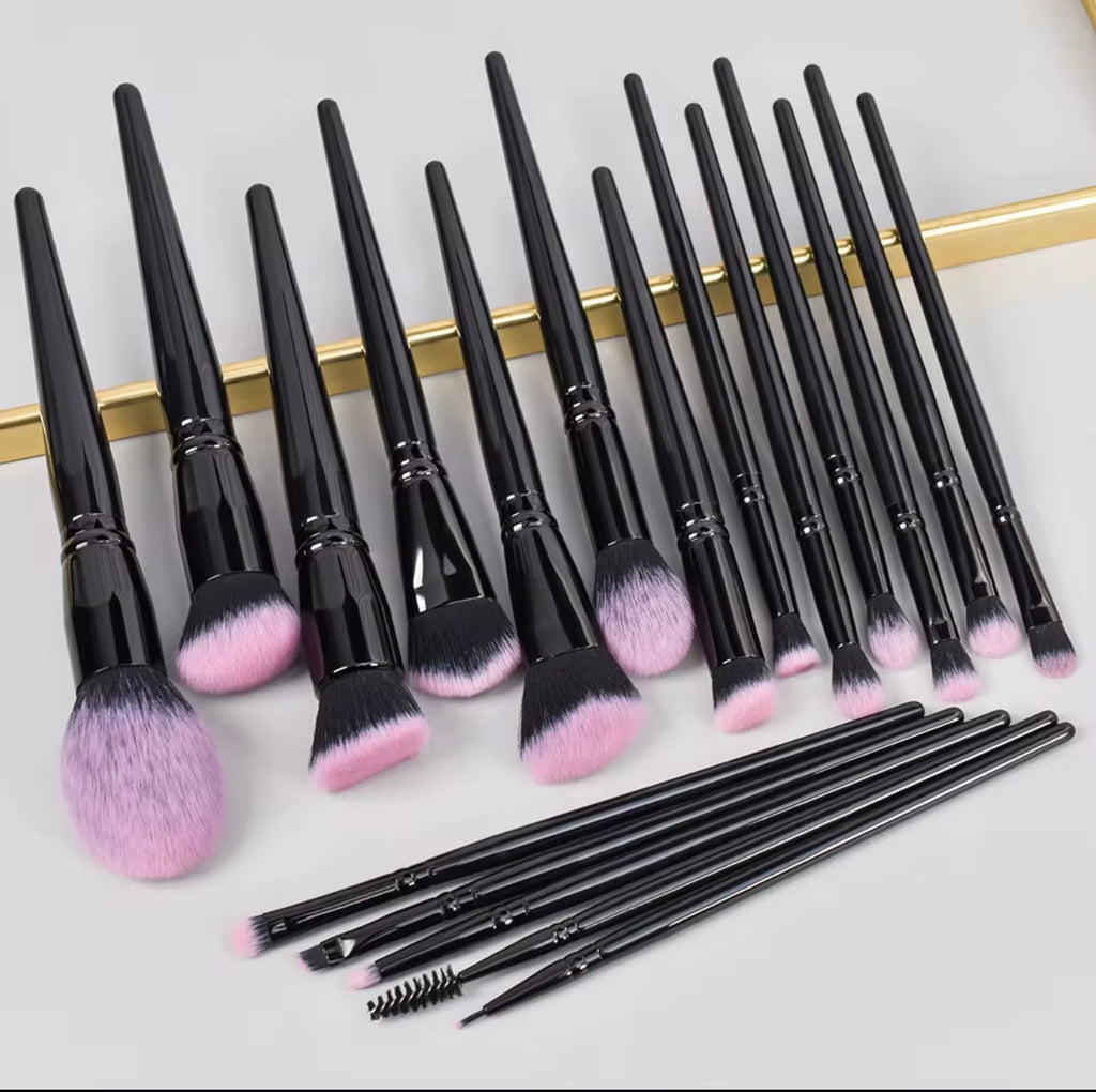 18-Piece Luxury Black & Pink Gradient Makeup Brush Set with Pouch | Professional Soft Synthetic Fiber Face & Eye Brushes