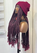RTW Wig: Wine Jumbo Braids With Curly Tips in Red Beanie