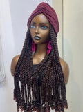 RTW Wig: Wine Jumbo Braids With Curly Tips In Wine Turban