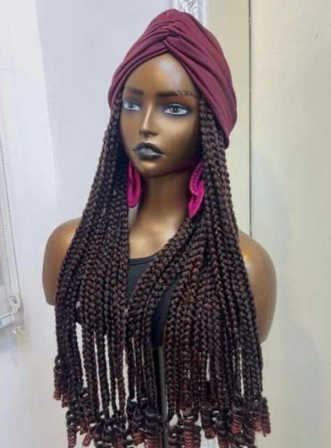 RTW Wig: Wine Jumbo Braids With Curly Tips In Wine Turban