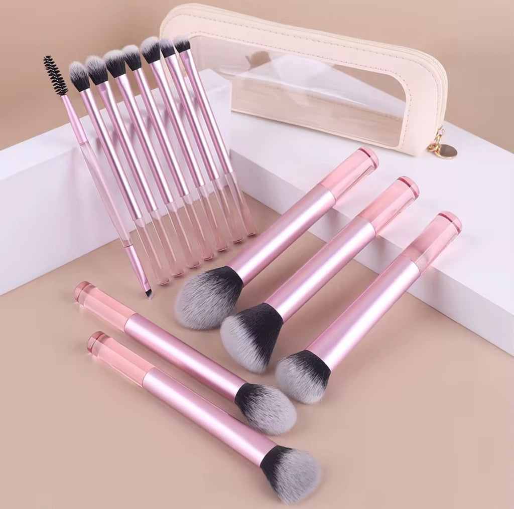 13-Piece Light Pink Travel Makeup Brush Set with Clear Pouch | Soft Synthetic Face & Eye Brushes