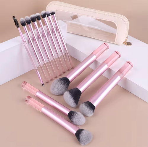 13-Piece Light Pink Travel Makeup Brush Set with Clear Pouch | Soft Synthetic Face & Eye Brushes