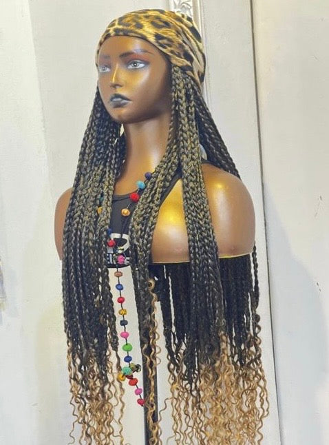 RTW Wig: Mixed Brown & Gold Braids In Leopard Skin Scarf