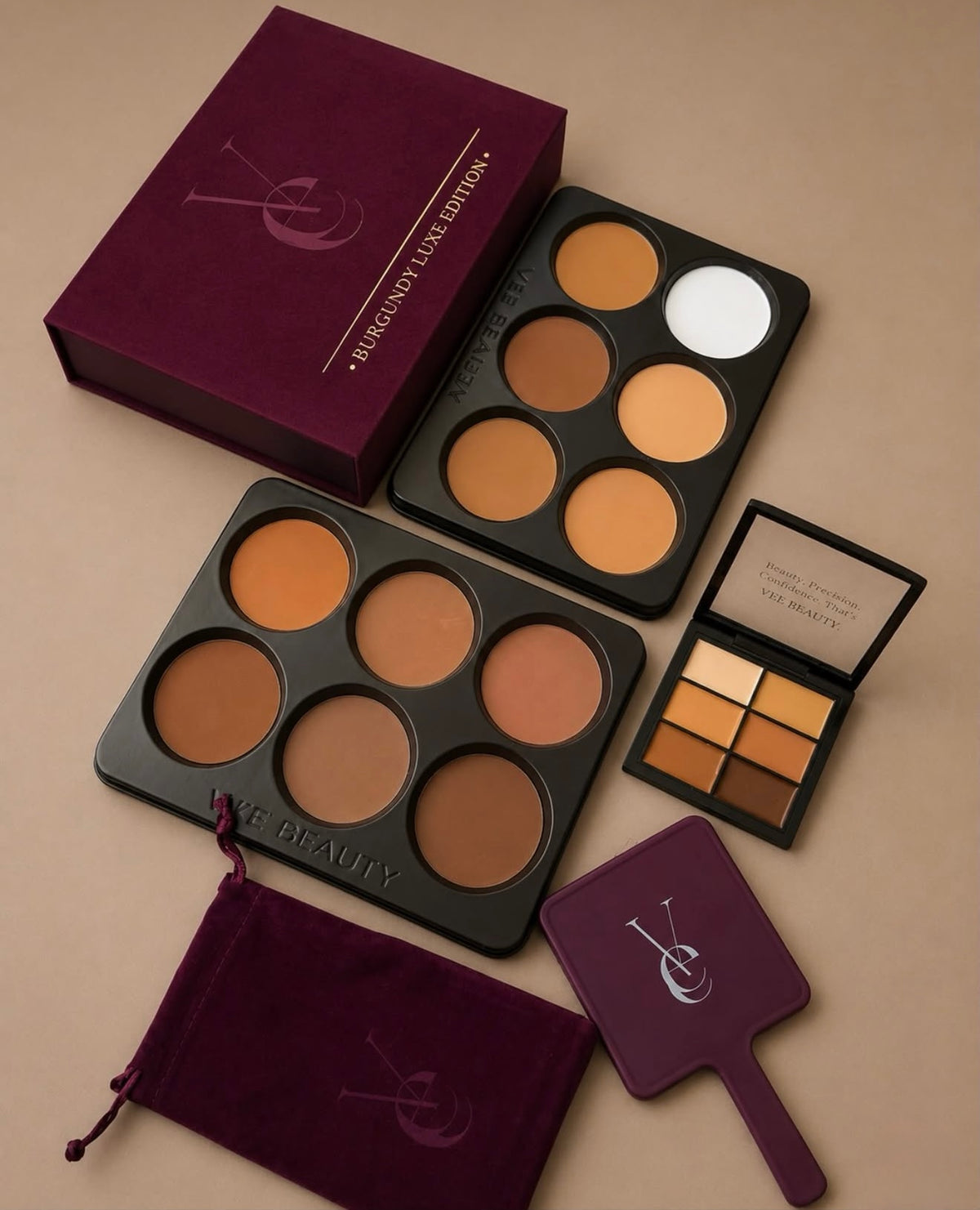 Vee Beauty Burgundy Luxe Edition 12-in-1 Pressed Powder Palette (2x6 Pan Set + Free Mirror & Mini Concealer Palette)