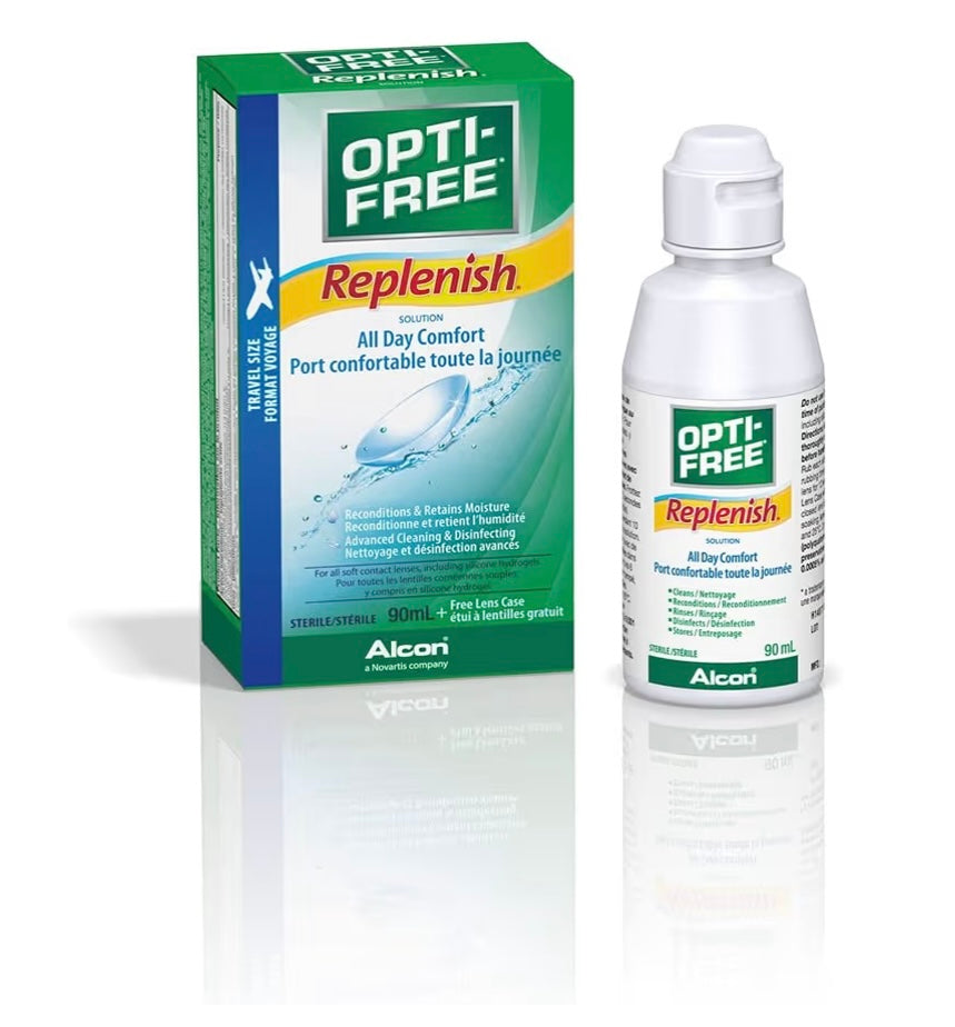 Opti-Free Replenish Multipurpose Contact Lens Solution | All Day Comfort | Travel Size 90ml + Free Lens Case