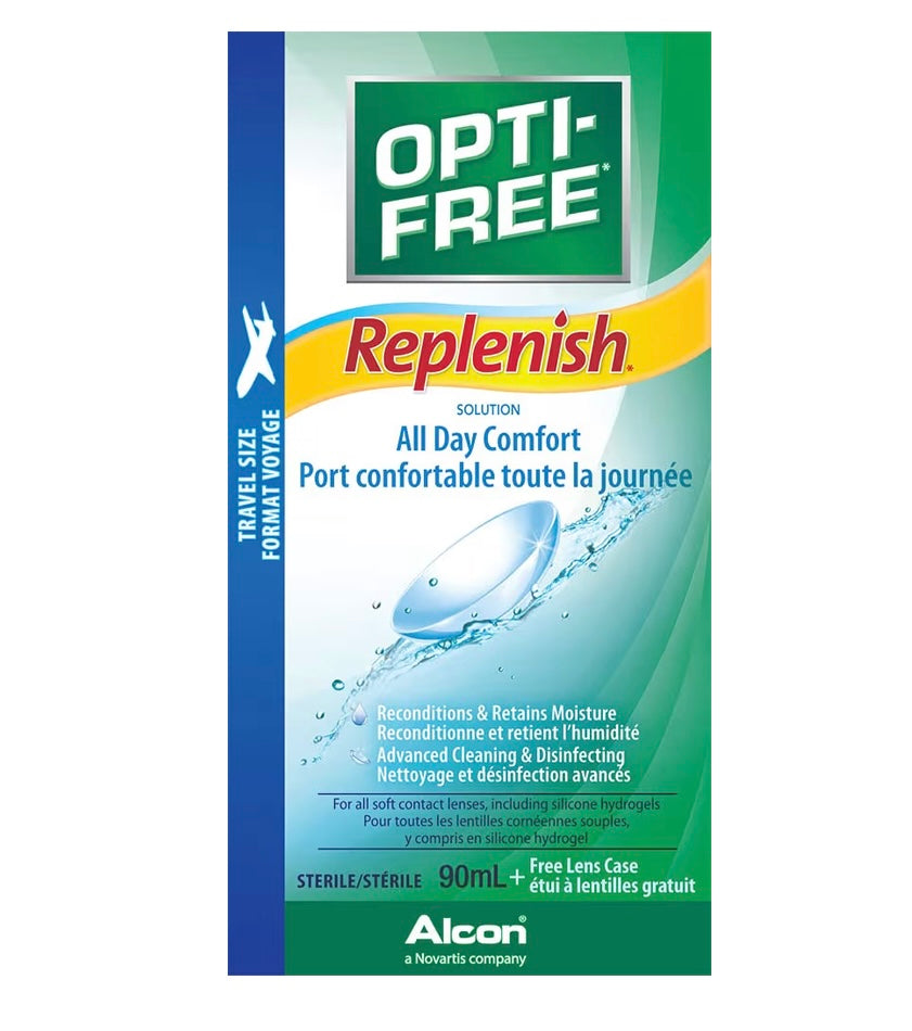 Opti-Free Replenish Multipurpose Contact Lens Solution | All Day Comfort | Travel Size 90ml + Free Lens Case