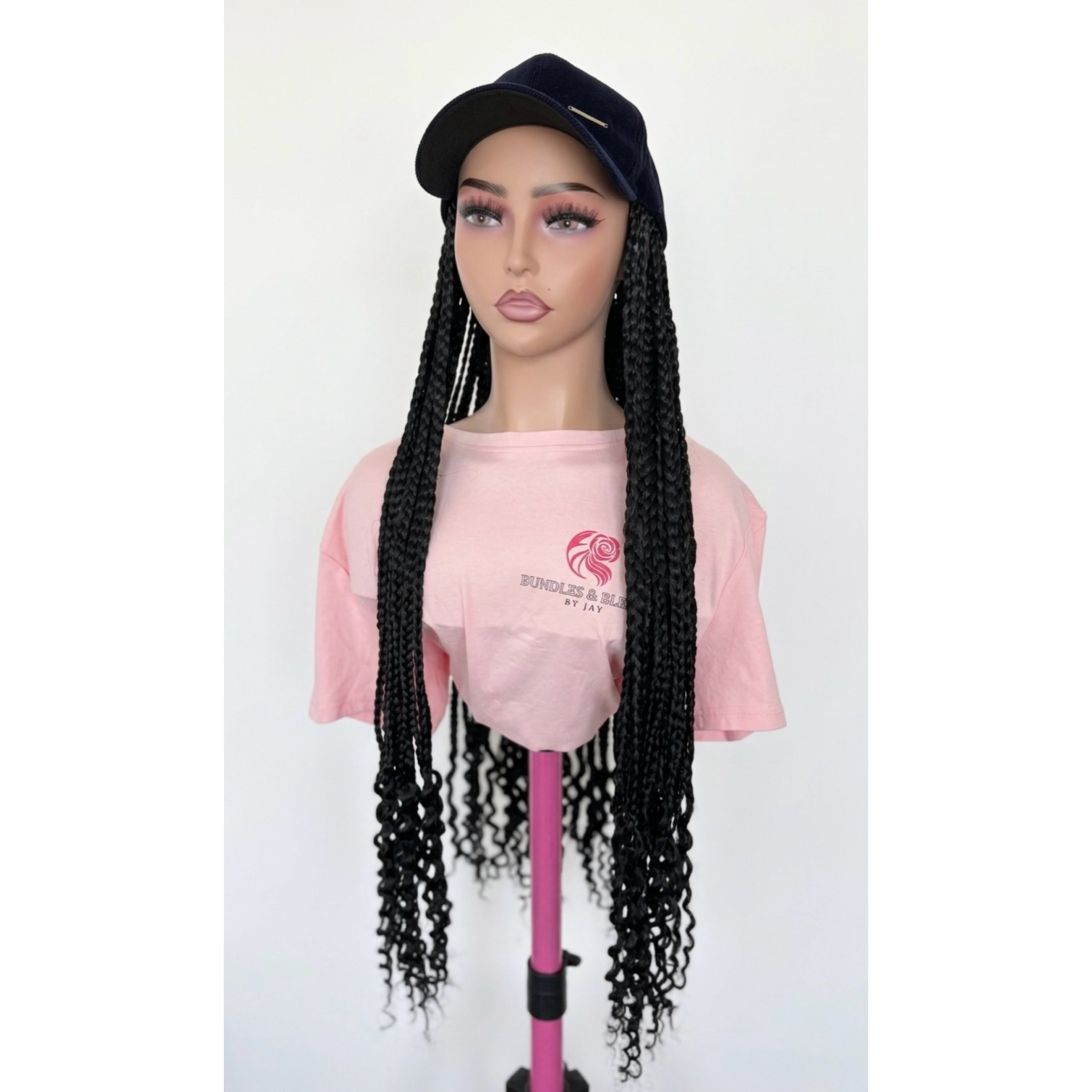 RTW Wig: Black Braids With Wavy Tips In Navy Blue Face Cap